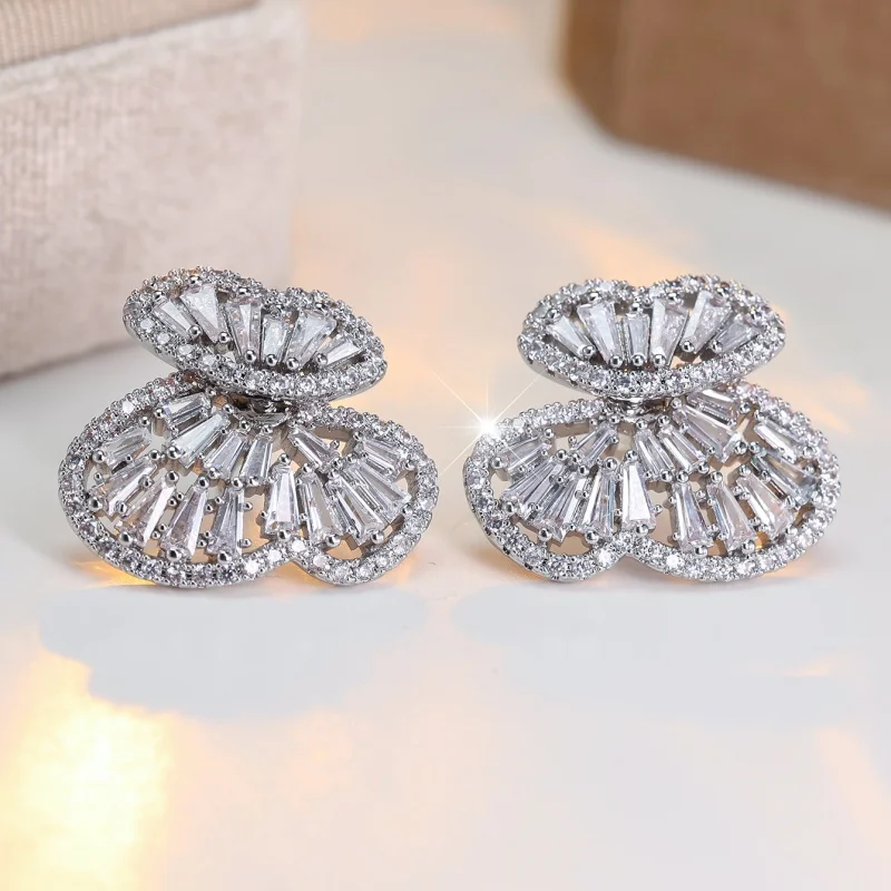2026 New Light Luxury Double-layer Bow Earrings Elegant Ladder Square Zirconia Gorgeous Three-dimensional Bow Accessories