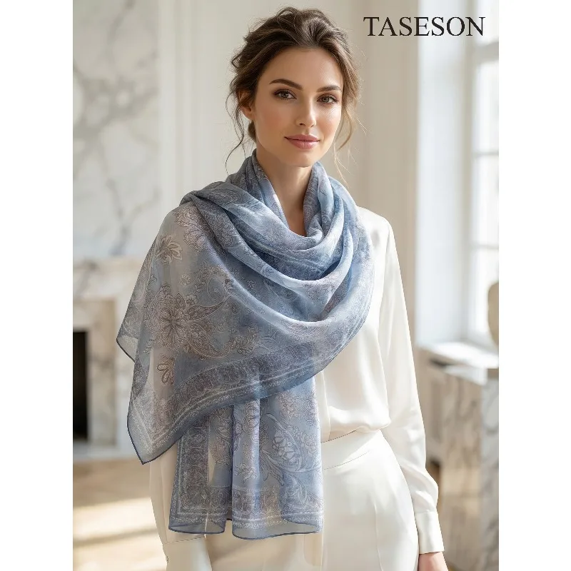 

Lightweight 100% Mulberry Silk Scarf for Women Oblong Shawl Neck Scarf Beach Wrap Headscarf Gift Pack Light Blue Floral Print