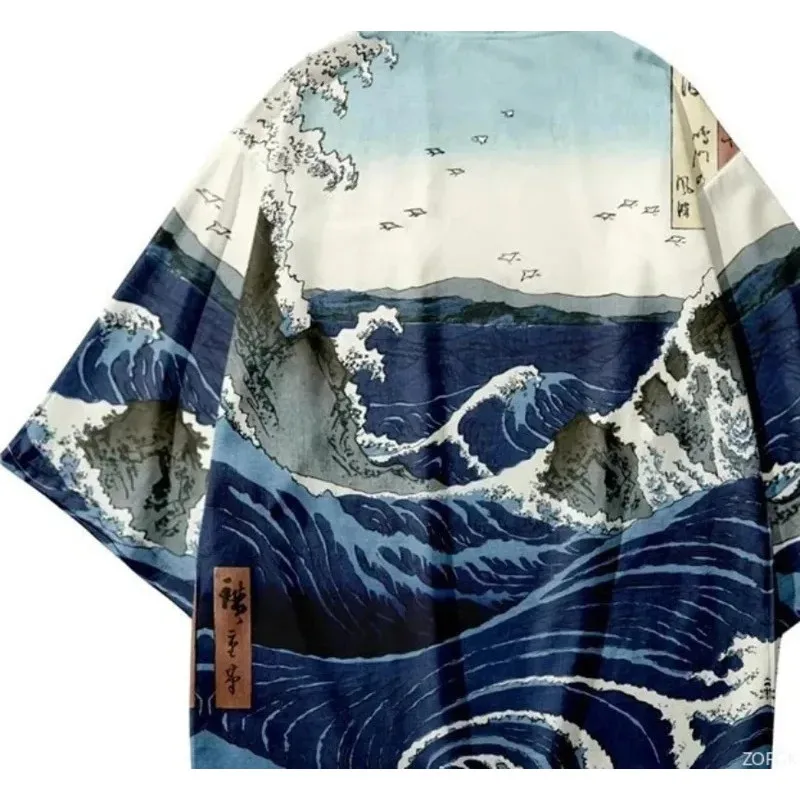 بيع الرجال النساء ثوب الكيمونو الياباني موجة موجة طباعة الأخضر التقليدية Haori سترة أعلى