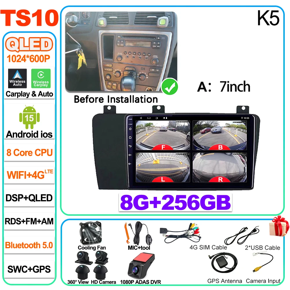 Android 16 voor Volvo XC70 V70 S60 2004 2005 2006 2007 2008 2009 autoradio head unit Carplay Auto multimediaspeler touchscreen