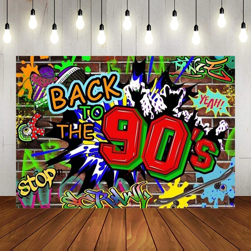 Retro 90s Party Decorations Backdrop Hanging Banner Background Photography Hip Hop Graffiti Wall Decor Themed Birthday Party