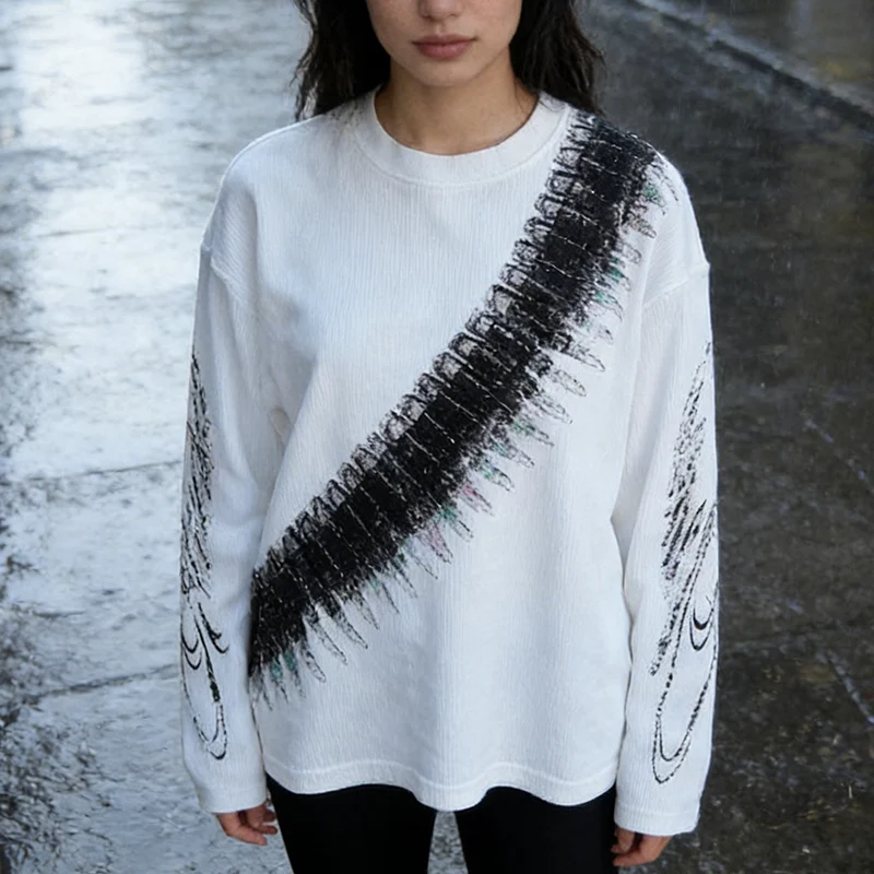 Einfaches 2026-loses lässiges Sweatshirt Europa Amerika Herbst Winter Hip Hop Bullet Printing High Street Grunge Langarm-T-Shirt