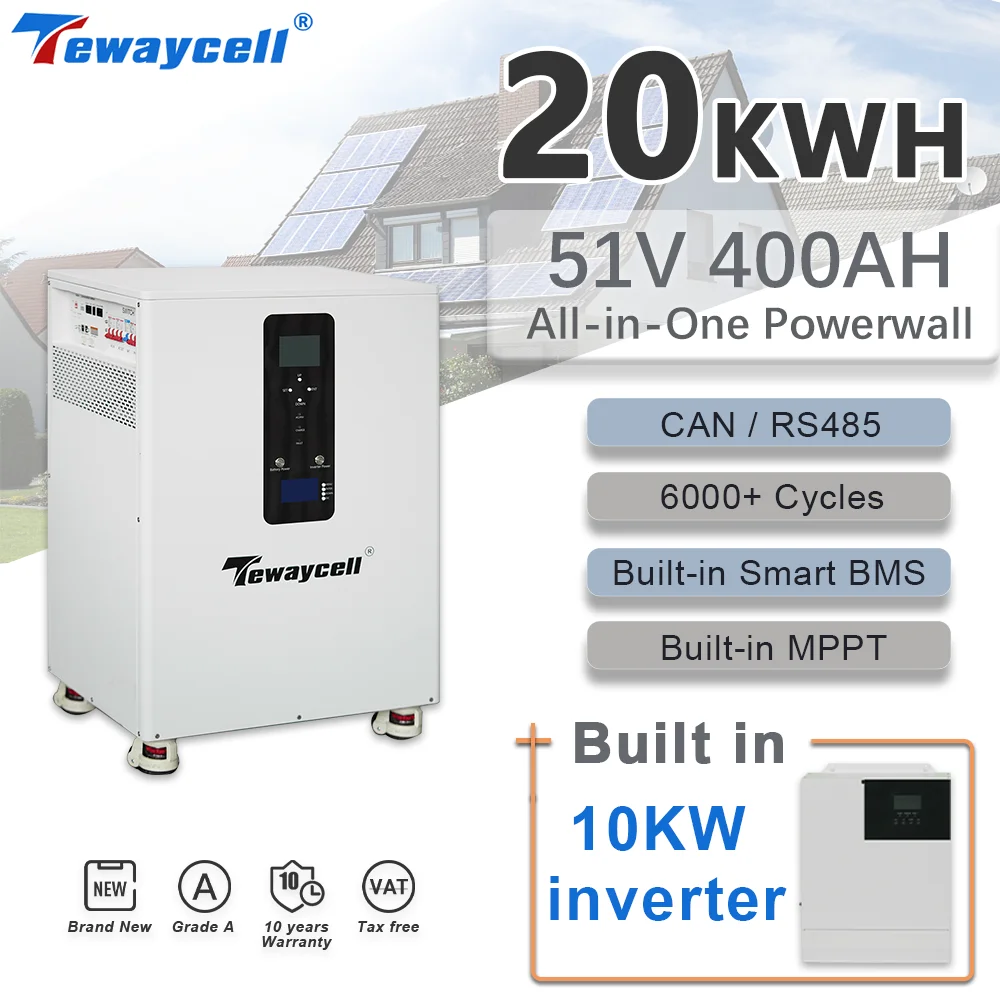 Tewaycell Powerwall 20KWH 400AH LiFePO4 akumulator 51.2V wszechstronny wbudowany BMS słoneczny 10KW wejście wyjściowe WiFi DDP TAX FREE