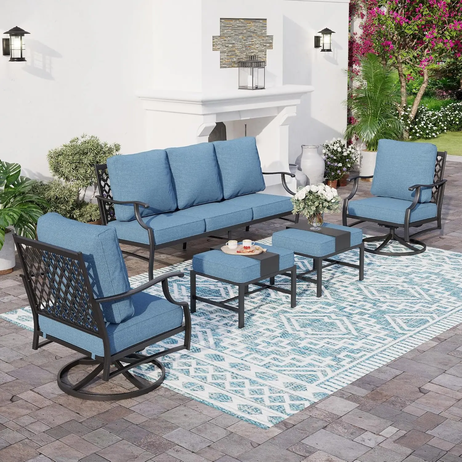 5 Piece Metal Outdoor Patio Furniture Set, Patio Conversation Sets 1 3-seater Sofa, 2 Swivel Chairs, 2 Ottomans with 5.75