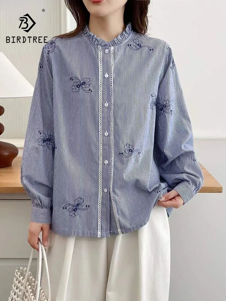 جديد 2025 الخريف قميص قطني بكم طويل ، المرأة الوقوف مخطط التطريز ، موري فتاة OL الفرنسية الرجعية شيك بلوزة فضفاضة T59282CC