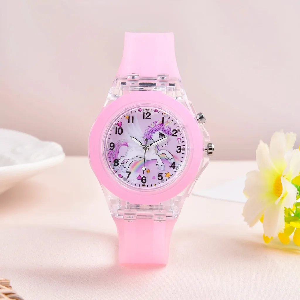 Kegllect 5 個ユニコーン子供用腕時計 & ブレスレット & ネックレス & イヤリングナイトグローシリコンガールウォッチ子供用ピンクギフトセット