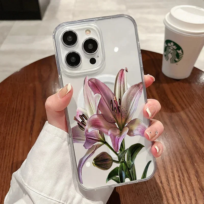 

Color Lily Flower Magnetic Magsafe Transparent Phone Case For iPhone 16 15 14 13 12 11 Pro Max 15 16 14 Plus 12 13 14 Pro Fundas