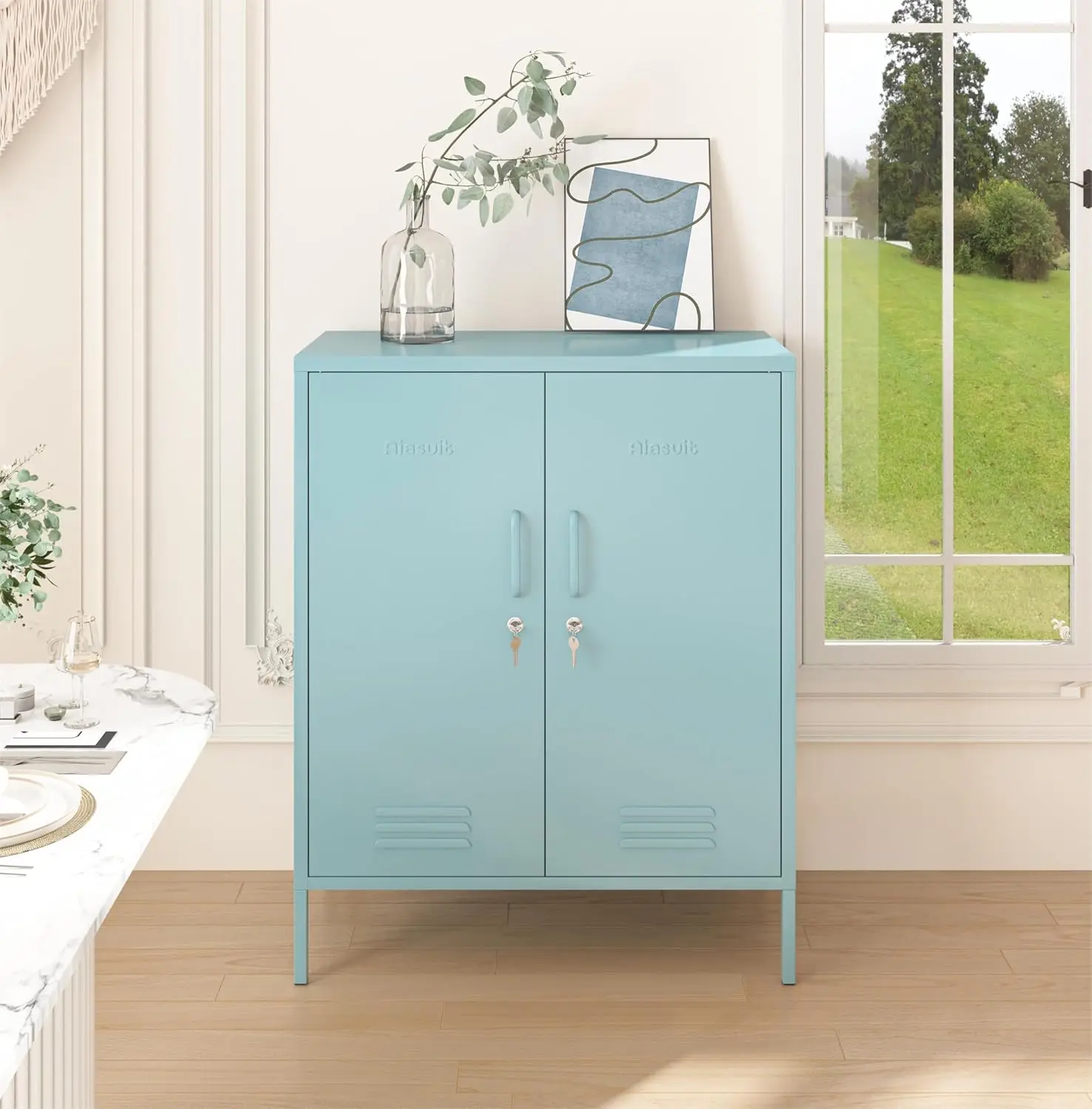 3단 잠금식 금속 보관 캐비닛, 파란색, 40인치 높이 x 31.5인치 너비 x 15인치 깊이