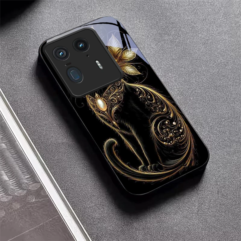 Luxury Jeweled Cat Black Glass Phone Case For Motorola Moto Edge 70 60 Fusion 50 Ultra 40 Neo 30 Pro 20Lite 60s Neo Black Cover view 3