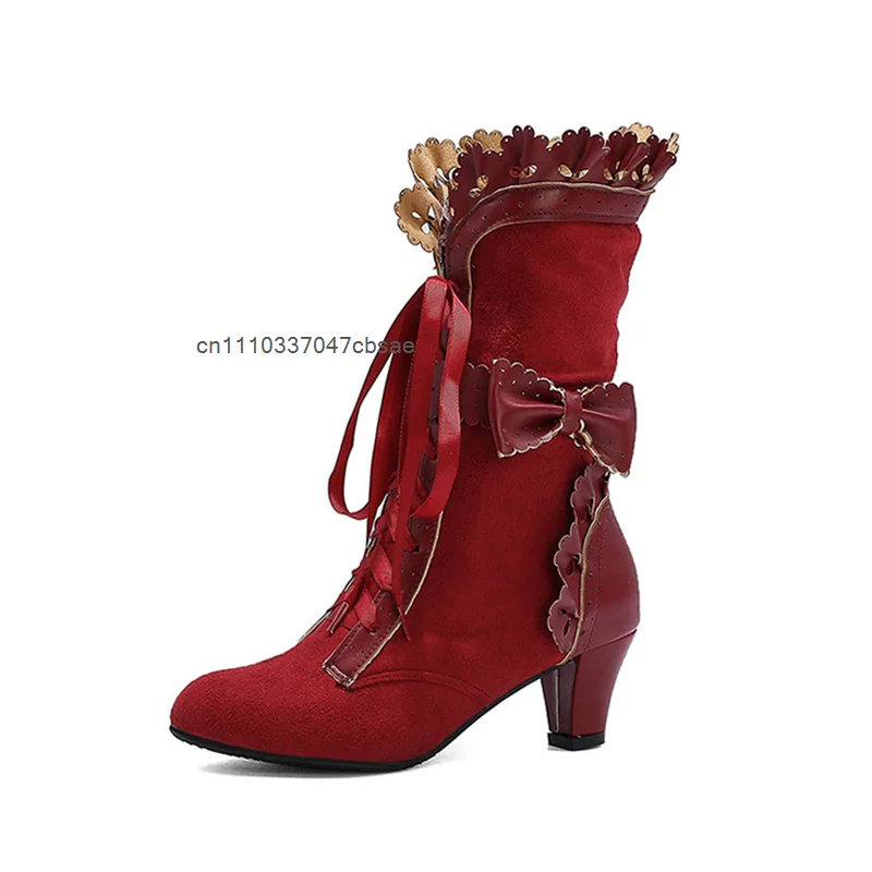 Women Lolita Bow Lace Boots Mid Calf Vintage Victorian Princess Cosplay Boot Tea Party Ruffle Trim High Heel Shoes Costume 2026