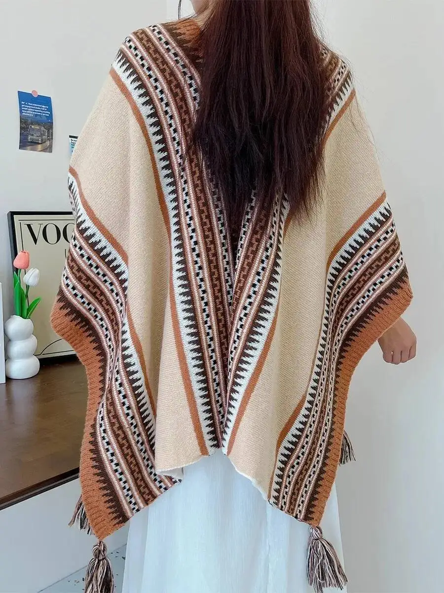 

Модная винтажная жаккардовая вязаная накидка, двусторонний кардиган, женская осенне-зимняя шаль, двойные боковые цвета, толстая