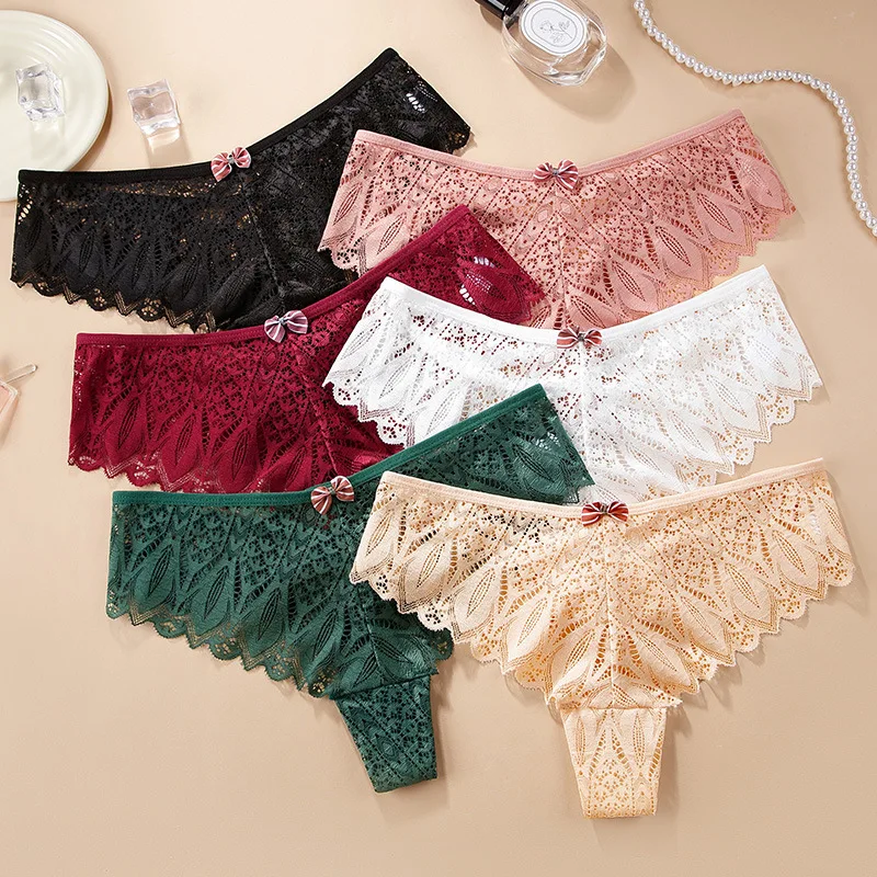 

Women's Ultra-thin Seamless thong underwear Mid-Waist Sexy Lace Hollow out G-String Panties Female cross belt Bow T-back Briefs