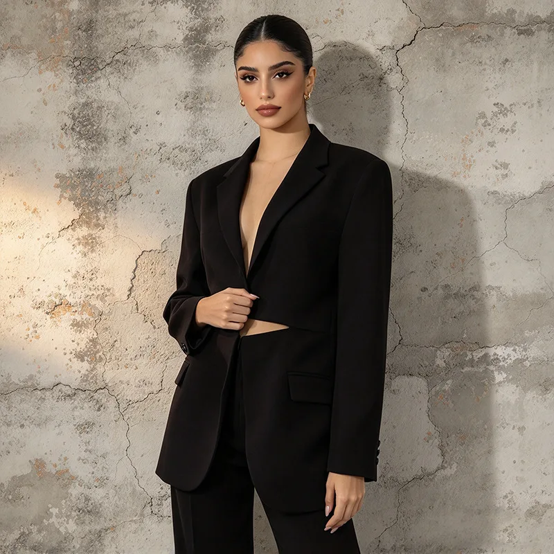 FANAN Designer Stand Collar Cropped Blazer Two Piece Set Women Black Irregular Cut High Waist Pants Chic Suit Outfit Autumn