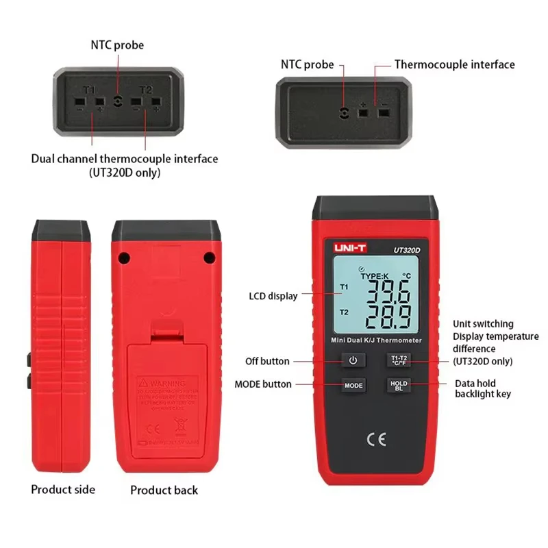 UNI-T UT320A UT320D Termometro digitale Mini termometro a termocoppia tipo K/J doppio -50 ℃   a 1300 ℃   Misuratore per tester ad alta temperatura