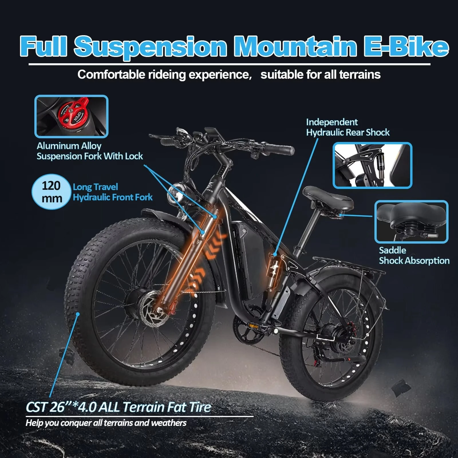 EBYCCO EB7PRO 26 Inch Tire Dual Bike 6000W Off Road Mountain Ebike All Terrain Adult Bicycle