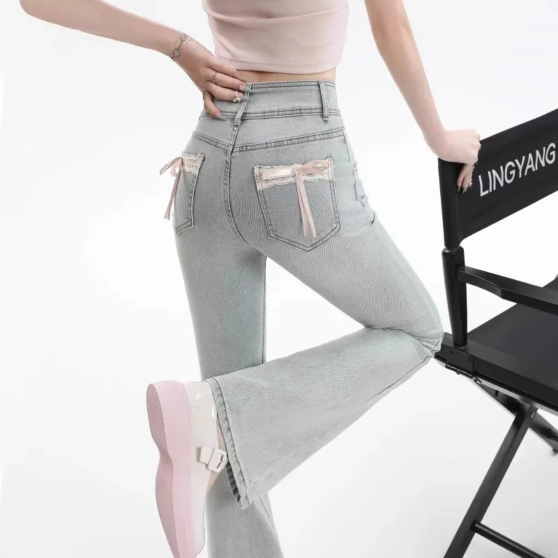 Spring Summer High Waist Bell Bottom Denim Jeans Women's  Knot Design Peach Cheek Micro Flare Jeans Slimming Ankle P...