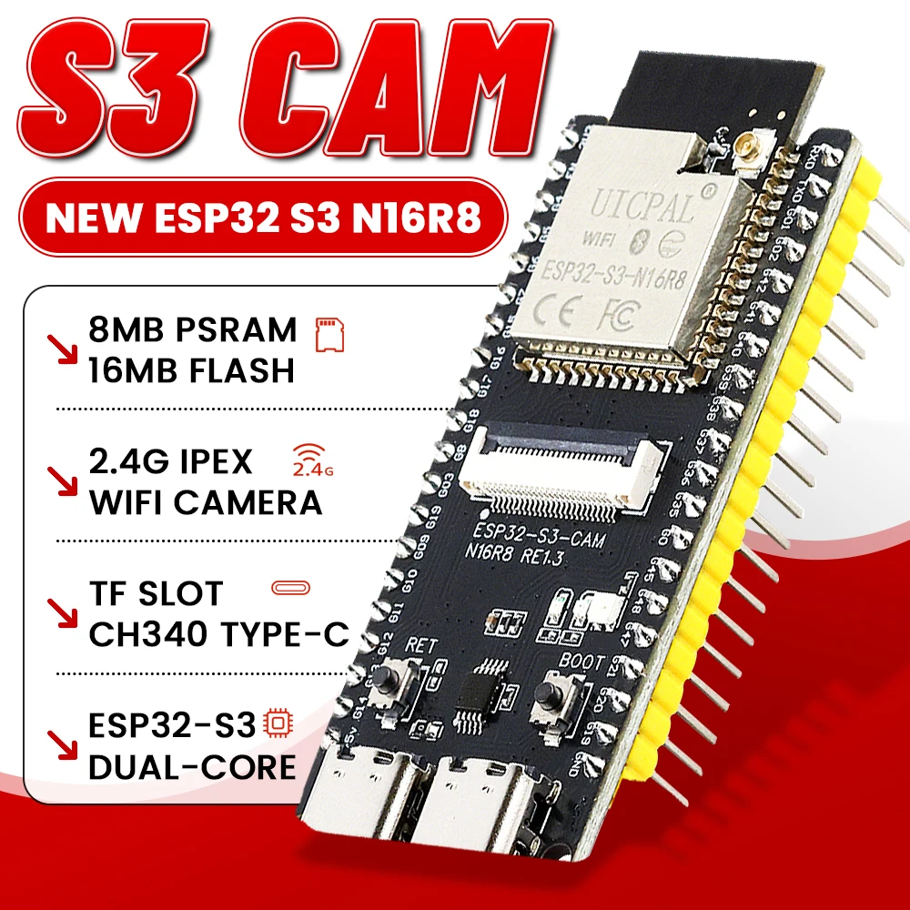 

Макетная плата ESP32 S3 N16R8 с расширенным модулем Wi-Fi 2,4G для модуля камеры OV2640 8 МБ PSRAM 16 МБ FLASH ESP32 S3 CAM Type-C