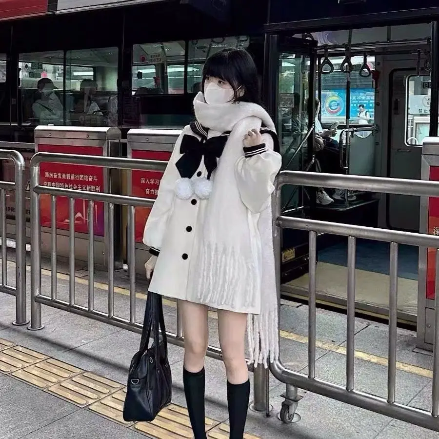 Mid-Length Coat for Women Student Style with Bowknot Autumn and Winter Overcoat