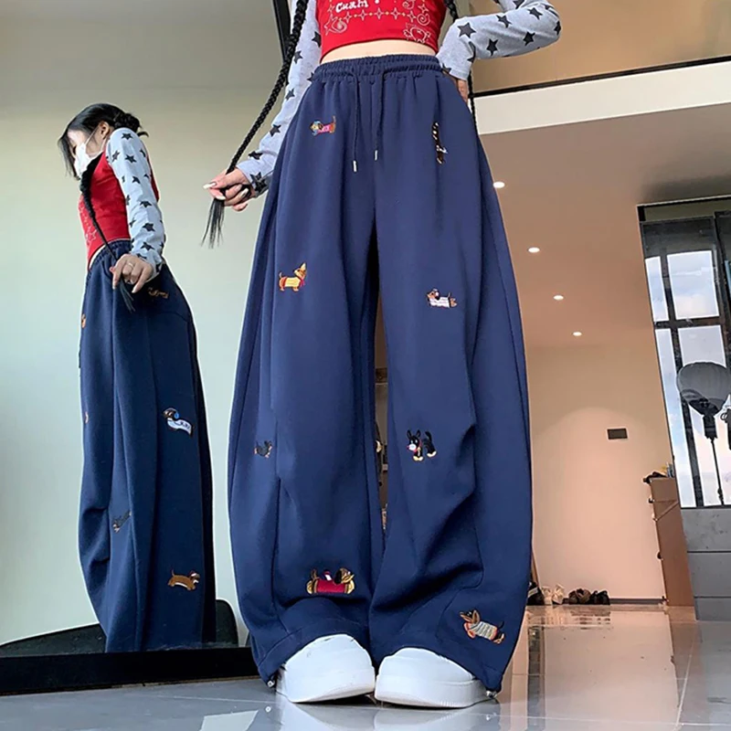 American Vintage Cute Puppy Pants Women Street Loose Casual Wide Leg Trousers Embroidered High Waisted Jazz Hiphop Preppy Pants