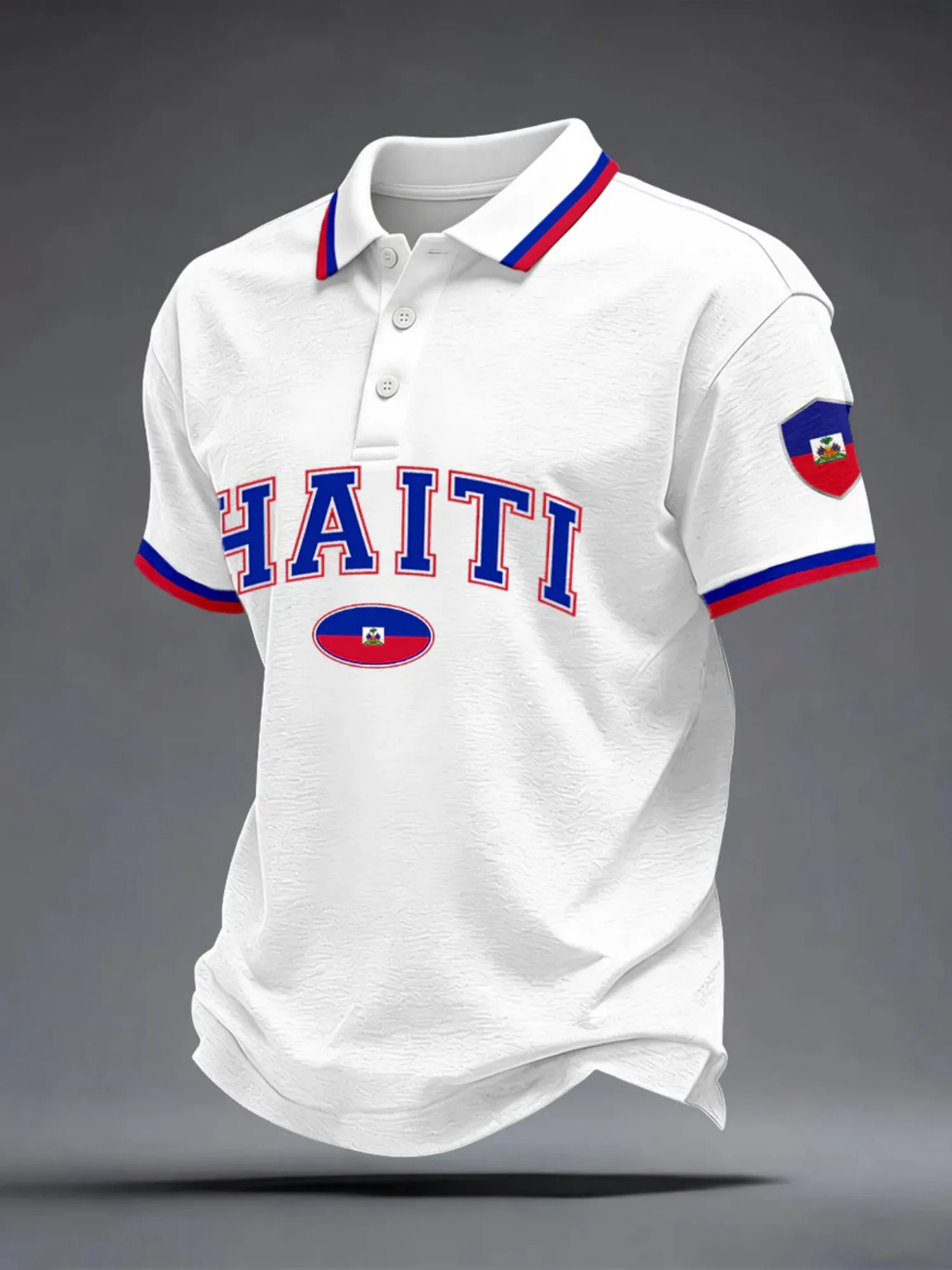 Women Haiti White Polo Shirt Short Sleeve Collared Tee With Flag Patch Red Blue Trim Casual Beach Vacation Style Top For Summer