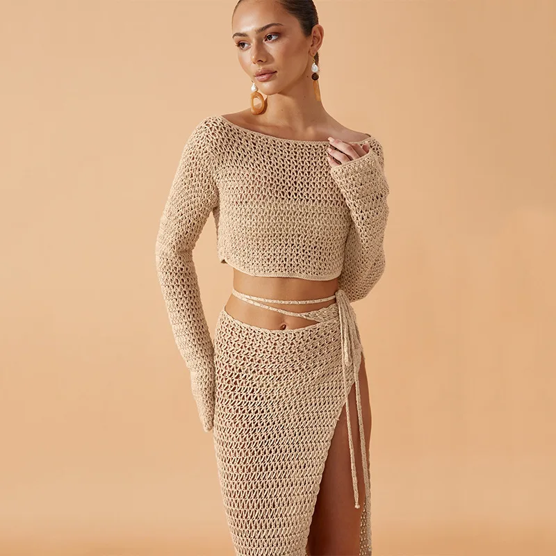 

Summer 2025 Sexy Knitted Bikini Swimwear Set Beach Women's Color Sun Protection Long Sve round Ne Two-Piece Suit