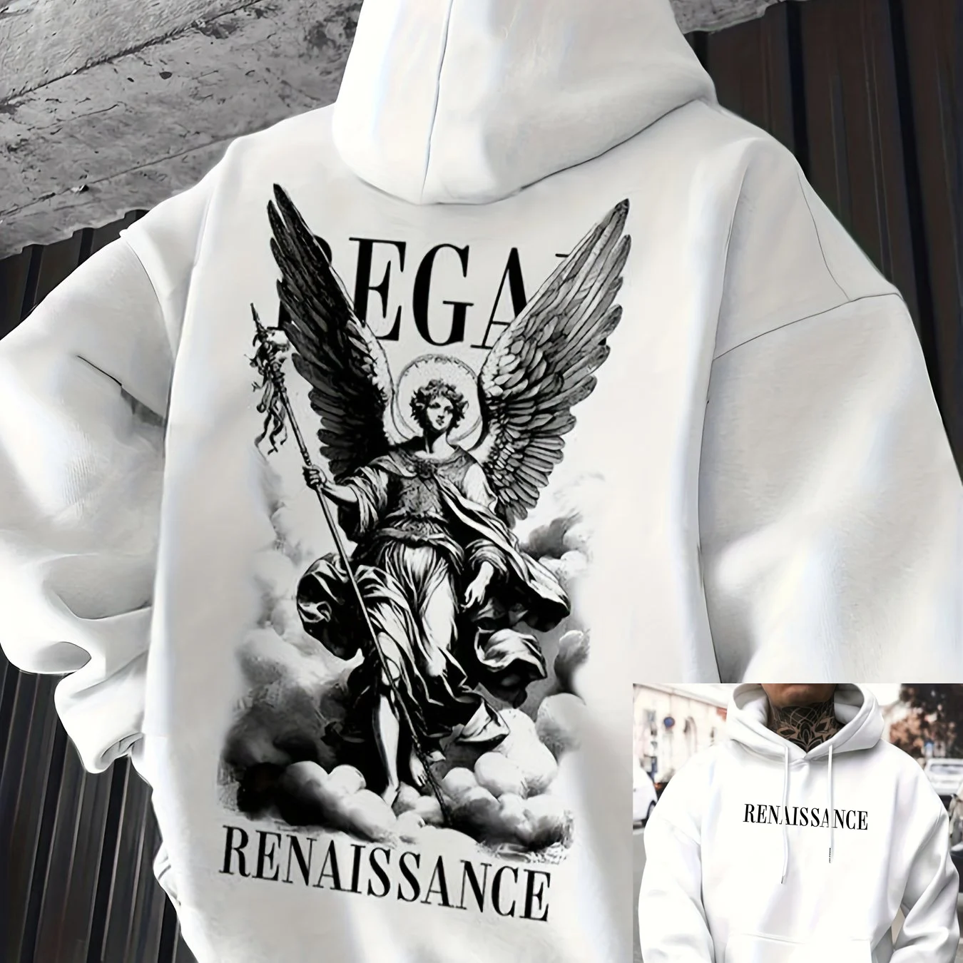 

Мужская осенне-зимняя повседневная модная толстовка с капюшоном и длинными рукавами со свободной спиной и буквенным принтом ангела, теплый пуловер
