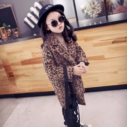 Girls Woolen Coat 2024 New Korean Winter Outfit with Fashion Leopard Print Children Clothes Warm Baby Woolen Coat Trend