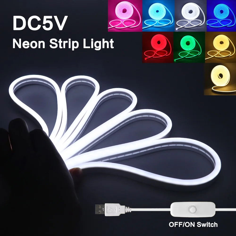 DC 5V LED Strip Neon Light USB OFF ON Switch Flexible Silicone Neon Sign Tape Waterproof Ribbon For Outdoor Garden Room Decor