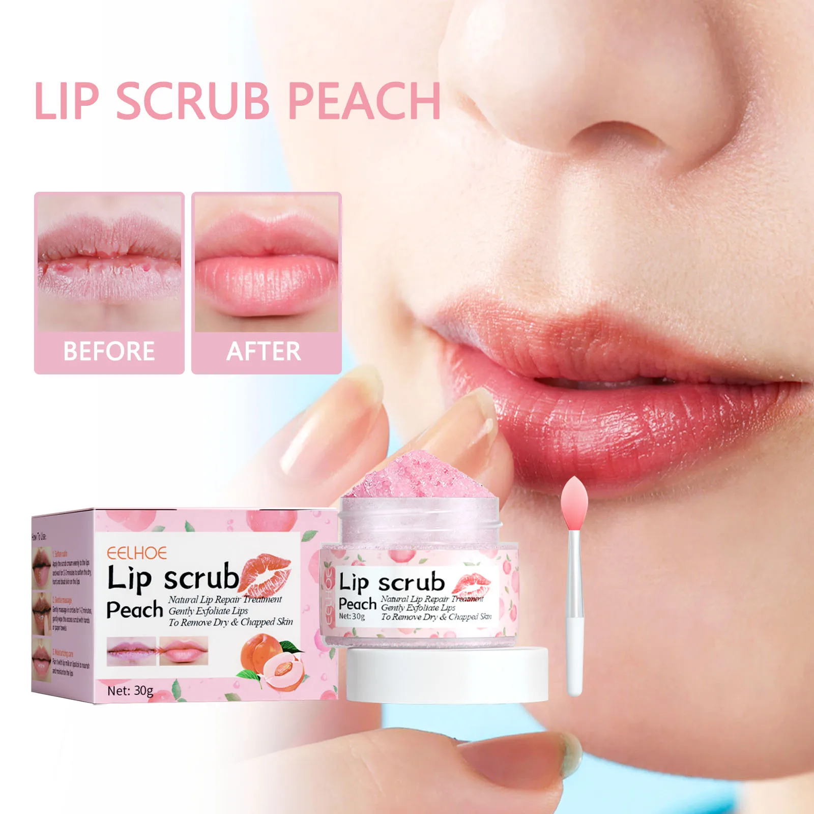 Peach Lip Scrub Cream Set, Desvanecer-se Rugas, Remover a Pele Morta, Prevenir Seco e Rachado Lábio, Nutriir e Hidratar, Produtos de cuidado