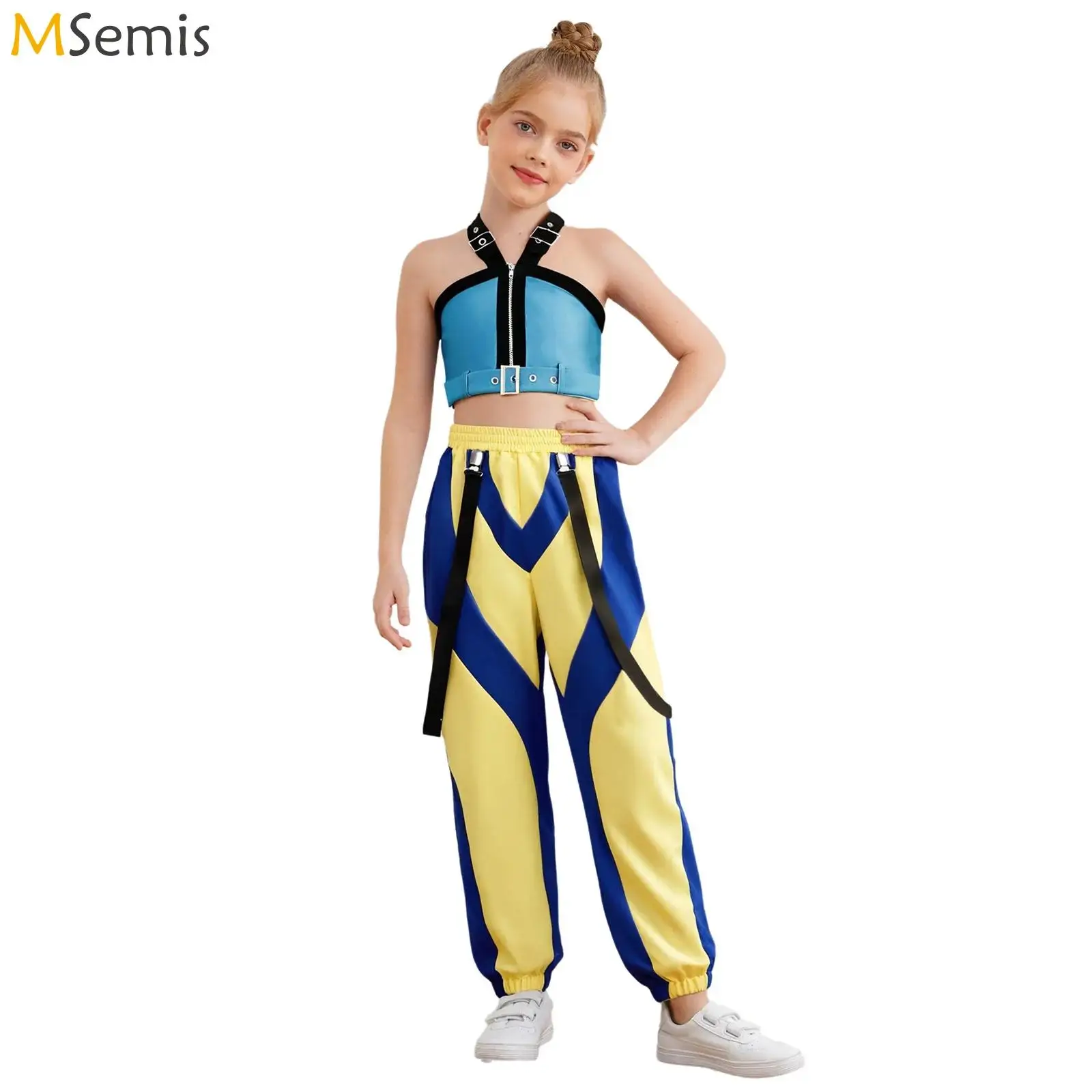 

Kids Girls KPop Singer Demon Hunters Halloween Cosplay Costume Set Front Zipper Crop Top with A Waist Belt And Long Pants