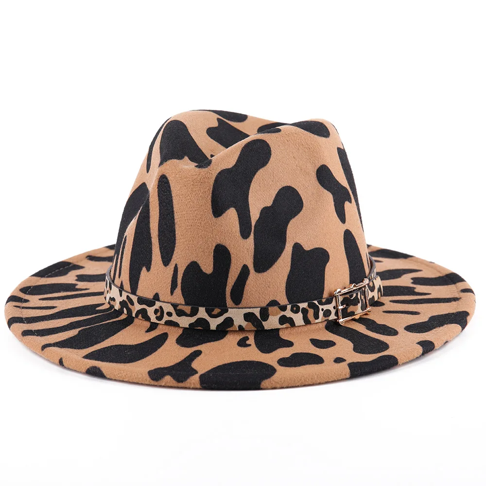 9.5CM hat brim with leopard print fedora men and women four seasons new hat British retro Panama wool jazz hat