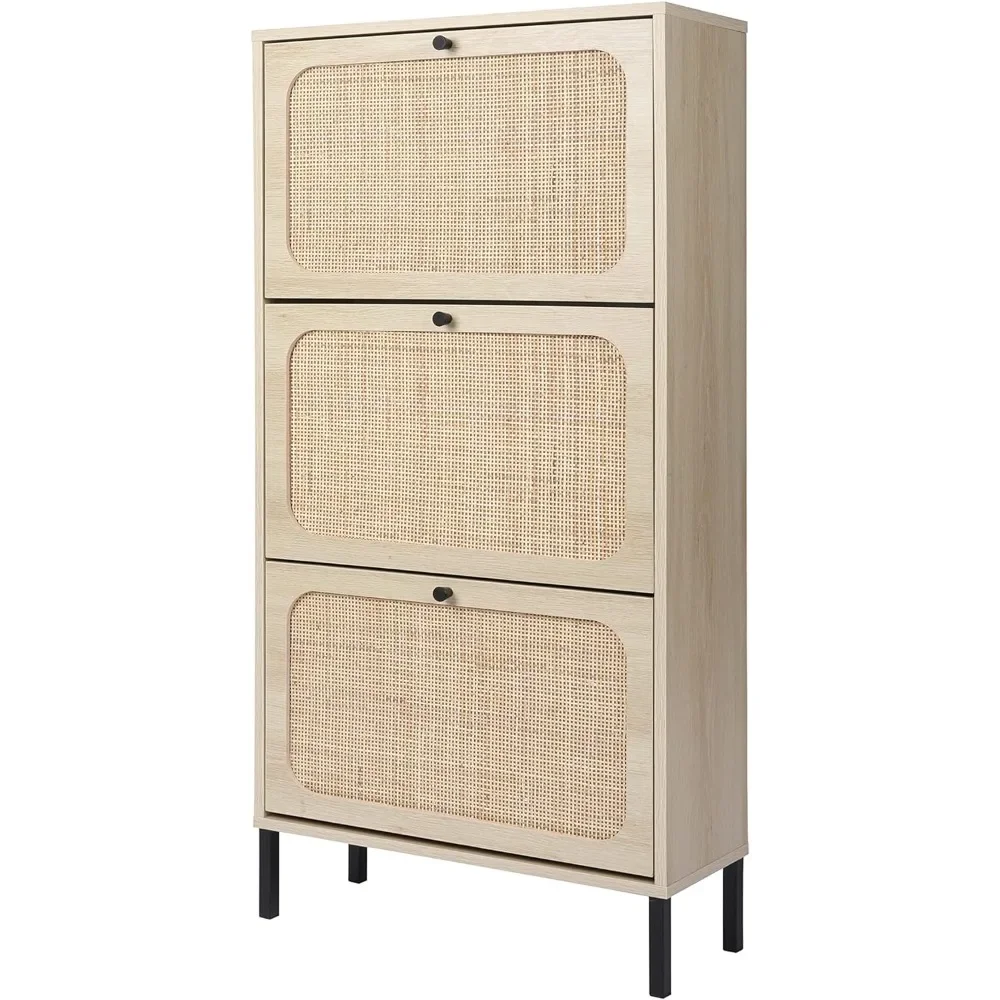 

Natural Rattan Cabinet with 3 Flip Drawers, Free Standing Modern 3-Tier Shoe Storage Rack for Heels, Slippers