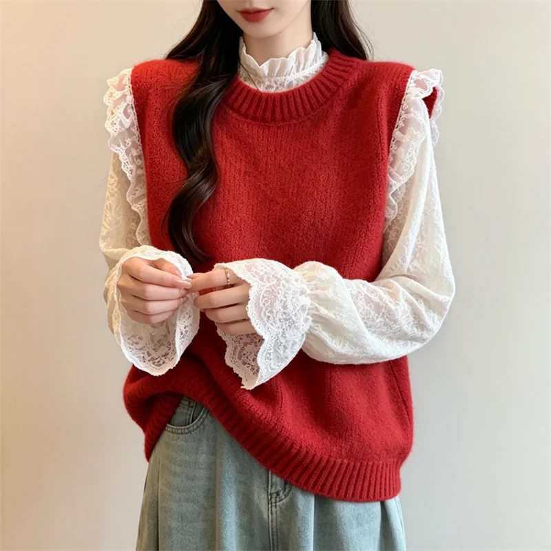 Korean Style round Neck Lace Trim Knitted Vest Women's Autumn Winter New Loose Layering Sleeveless Jacket Sweater