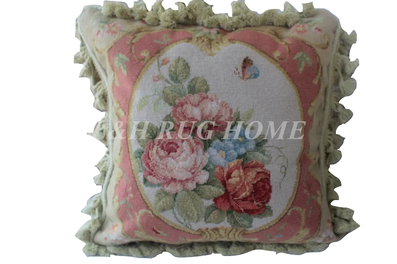 

FREE SHIPPING 15K 16"X16" Needlepoint pillow, handknotted cushion with floral designs no insertion