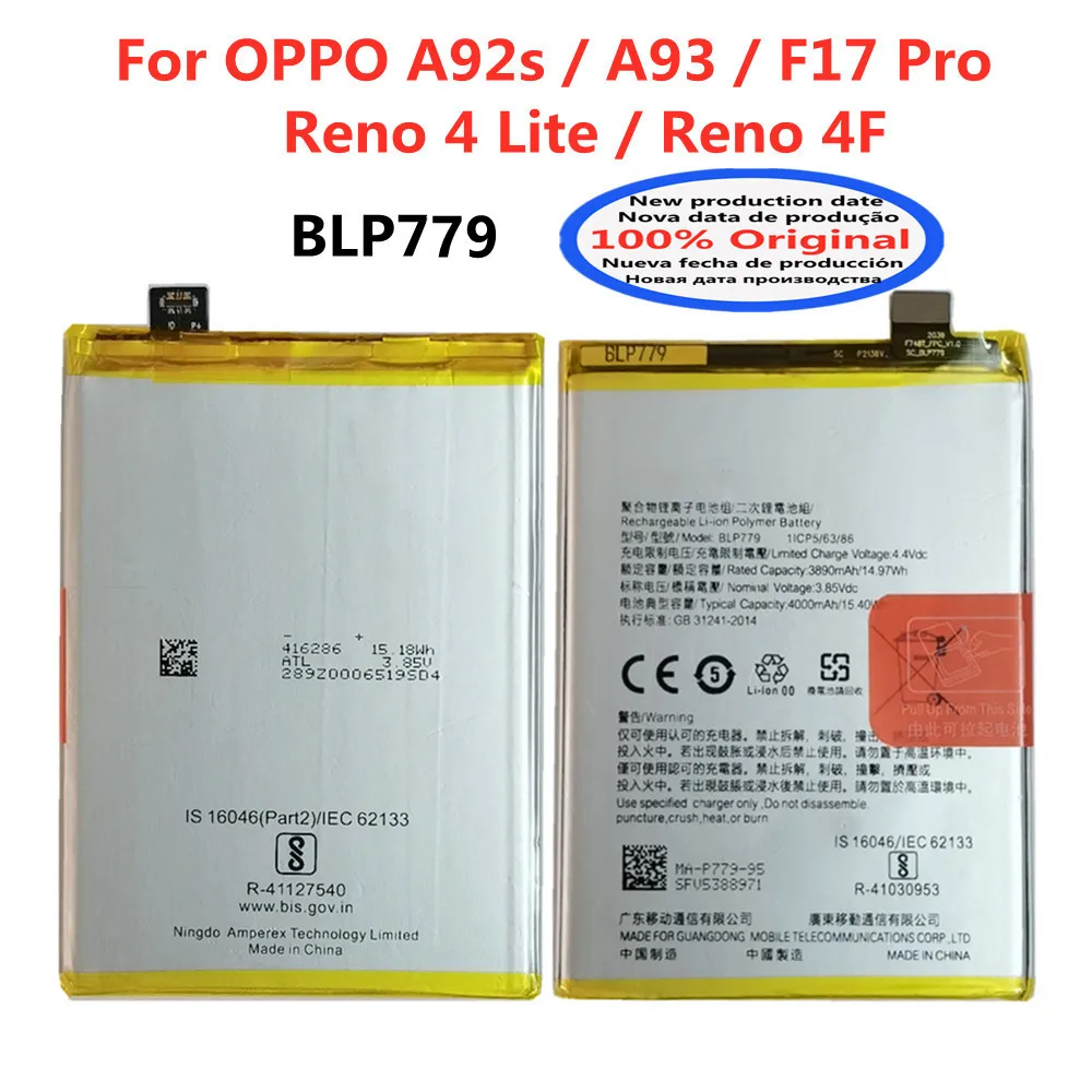 

New High Quality BLP779 Phone Battery For OPPO A92s / A93 / Reno4 Lite / Reno 4F / F17 Pro Replacement Battery Bateria 4000mAh