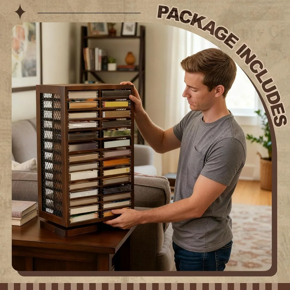 رف تخزين الكاسيت الدوار 360 °   حامل VHS عتيق على الوجهين لبرج الأقراص المضغوطة لجامعي الموسيقى (56 سعة)