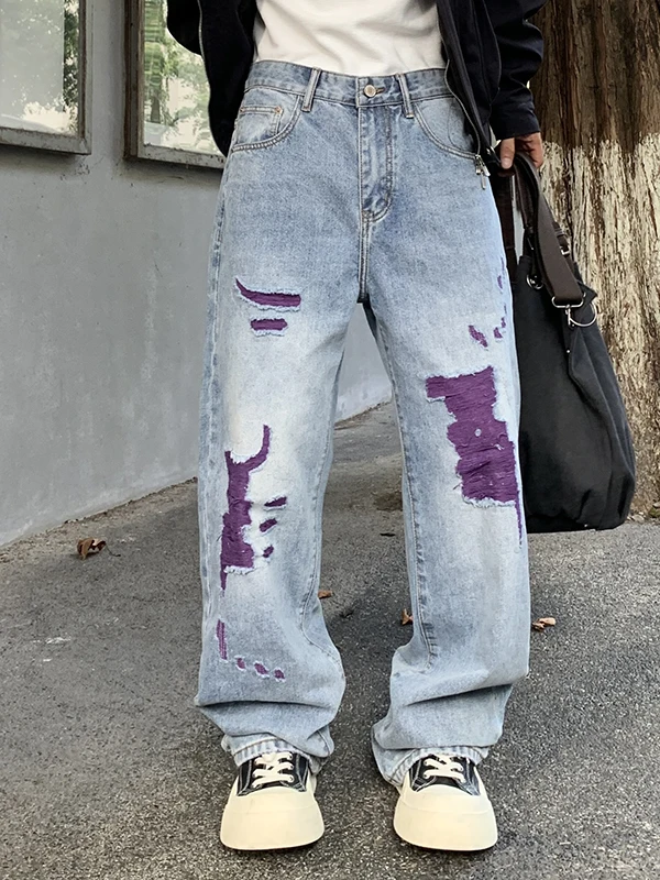 

Trendy Purple Hole Denim Jeans Men Loose Straight American Street Wide Leg Casual Long Pants Autumn Wear Durable No Stretch