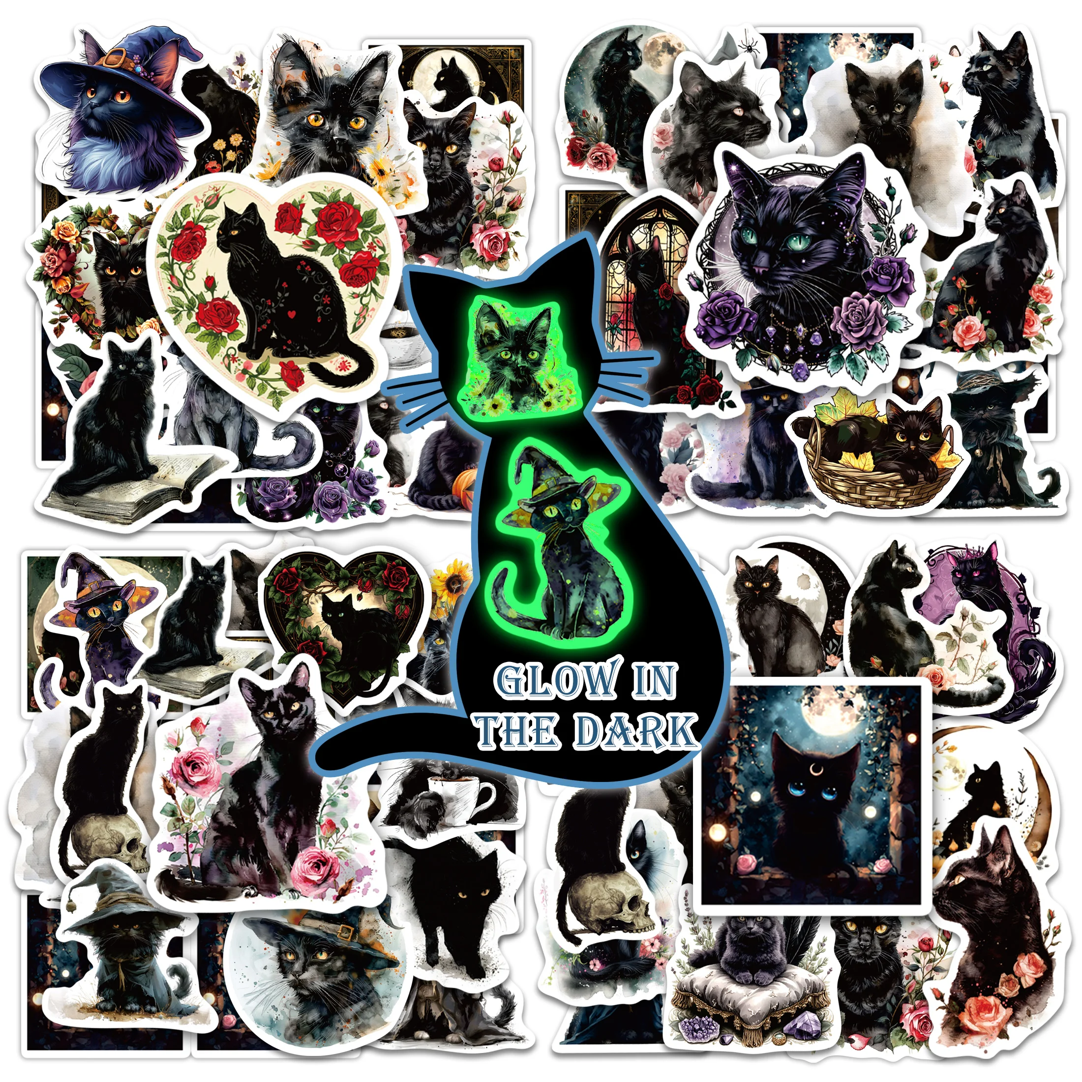 Świecące w ciemności naklejki z motywem kota i słońca, 51 szt., ciemny styl, świecące naklejki samoprzylepne, wodoodporne, artykuły.