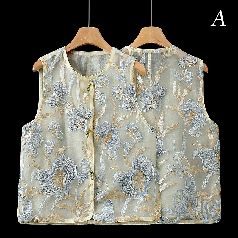 

Summer Chinese Style Patchwork Embroidered Waistcoat Women Vintage Sleeveless Tank Tops Cardigan Temperament All-match Coat