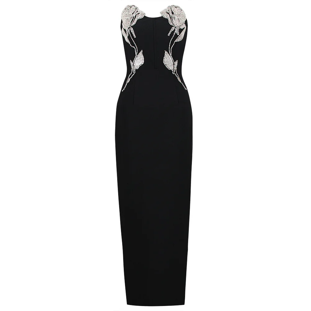 Vendita all'ingrosso di alta qualità moda donna sexy spacco strass fiore nero prom party abiti da sera lunghi