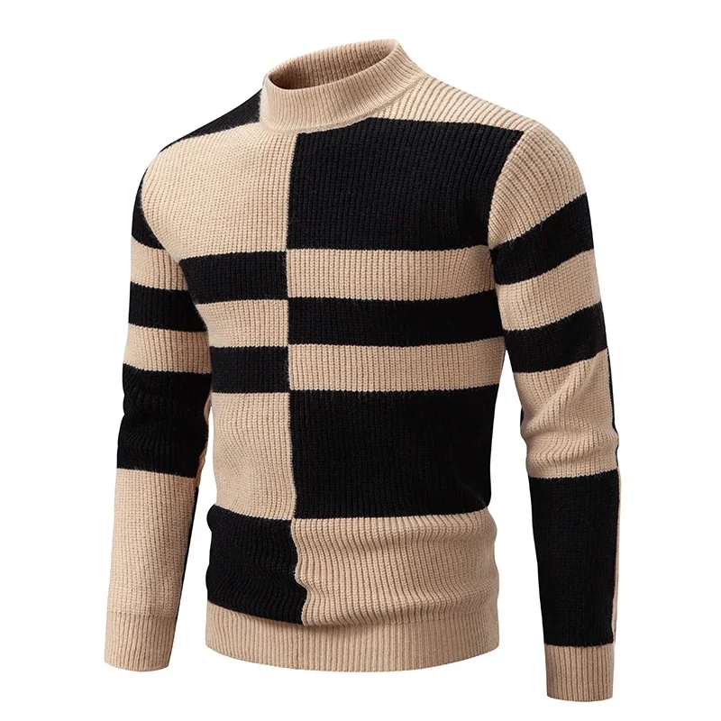 

Men's Fashion Black and White Cross Striped Turtleneck Casual Long Sleeve Knitted Wool Sweater