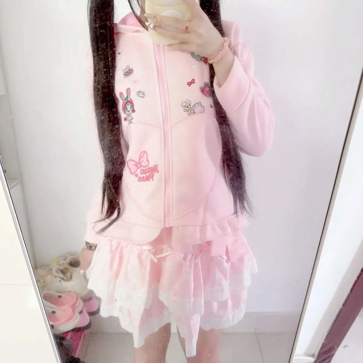 2024 Autumn New Sweet Girl Anime Hoodie Pink Cartoon Embroidered Lace Edge Cute Zipper Cardigan Coat Y2k Kawaii Sweatshirt