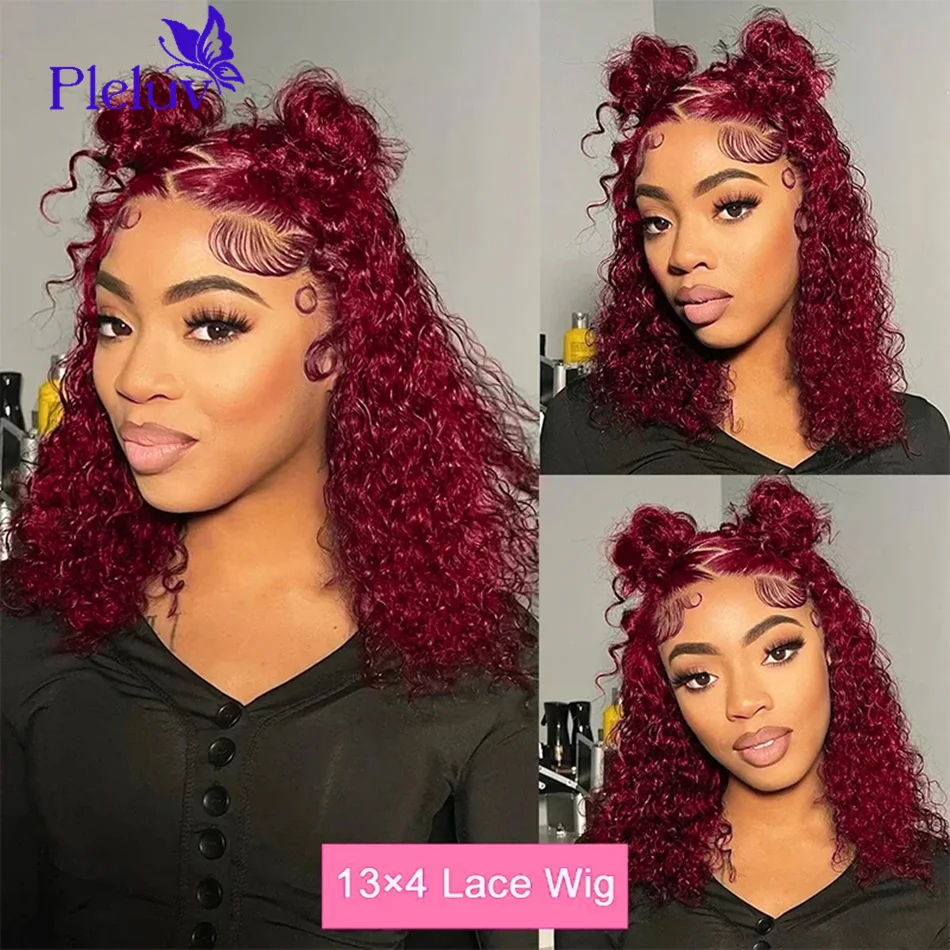 Wig Bob 99J keriting dalam rambut manusia gelombang air Burgundy rambut manusia Wig Bob depan renda 13X4 untuk wanita mulus dengan rambut bayi