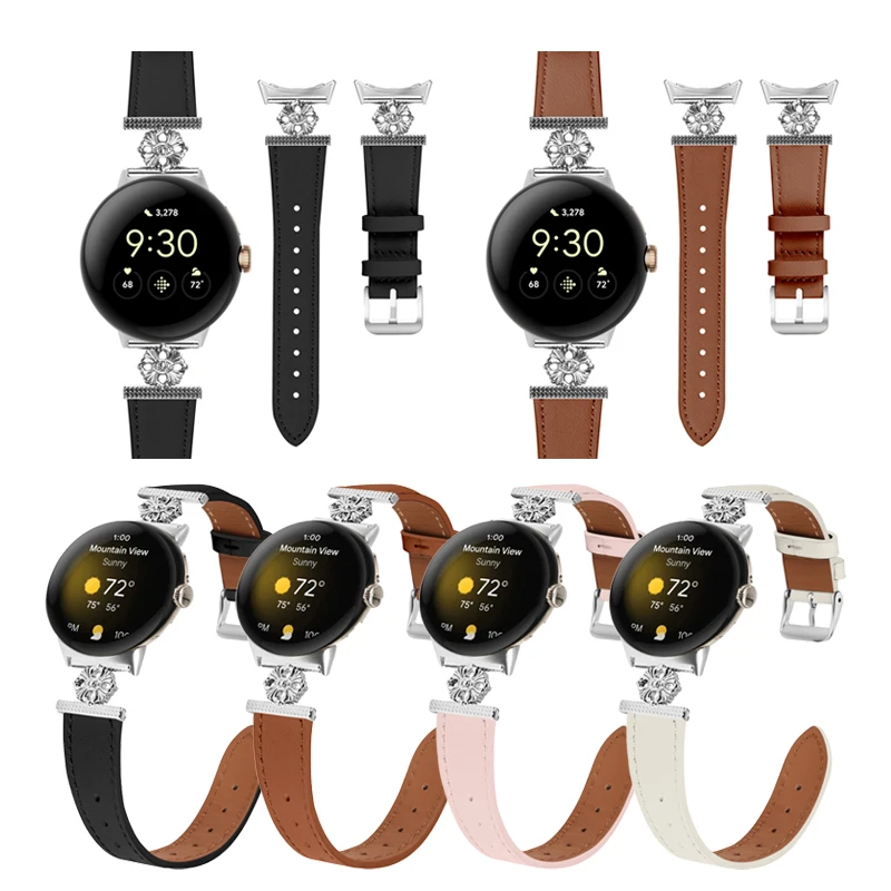 

For Google Pixel Watch Straps Leather band leather + Four Petals stainless Steel Watchband for Pixel Watch 2 Bracelet correa