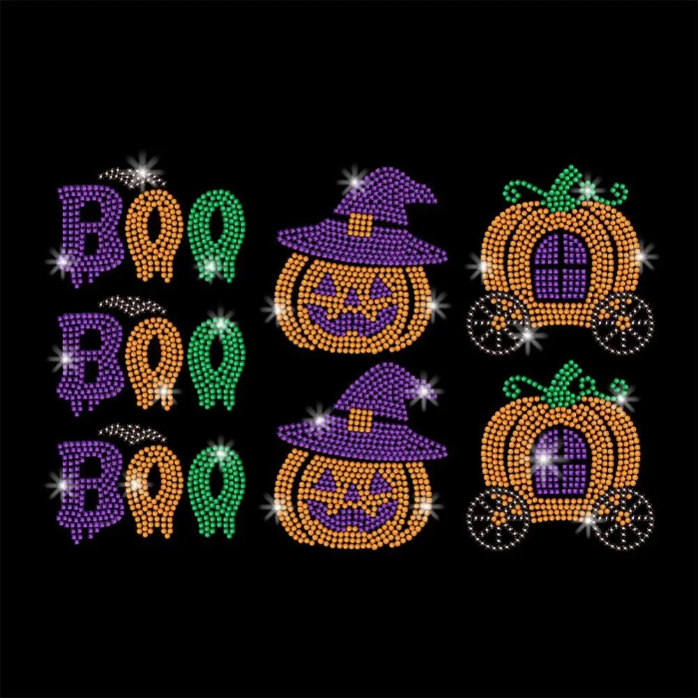 12 Pcs Iron on Rhinestones Transfer, Pumpkin Cart Pumpkin Iron on Patch Transfer Decals Heat Transfer