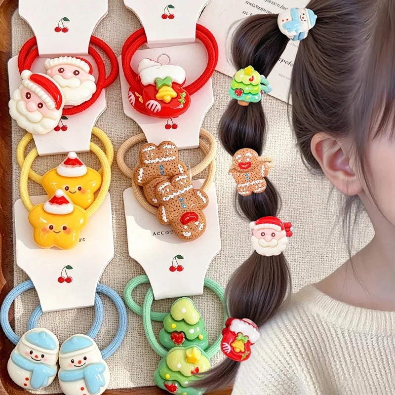 2/12Pcs Christmas Hair Ties Cute Cartoon Ponytail Holders Colorful Resin Elastic Hair Bands for Girls Women Festive Party Braids