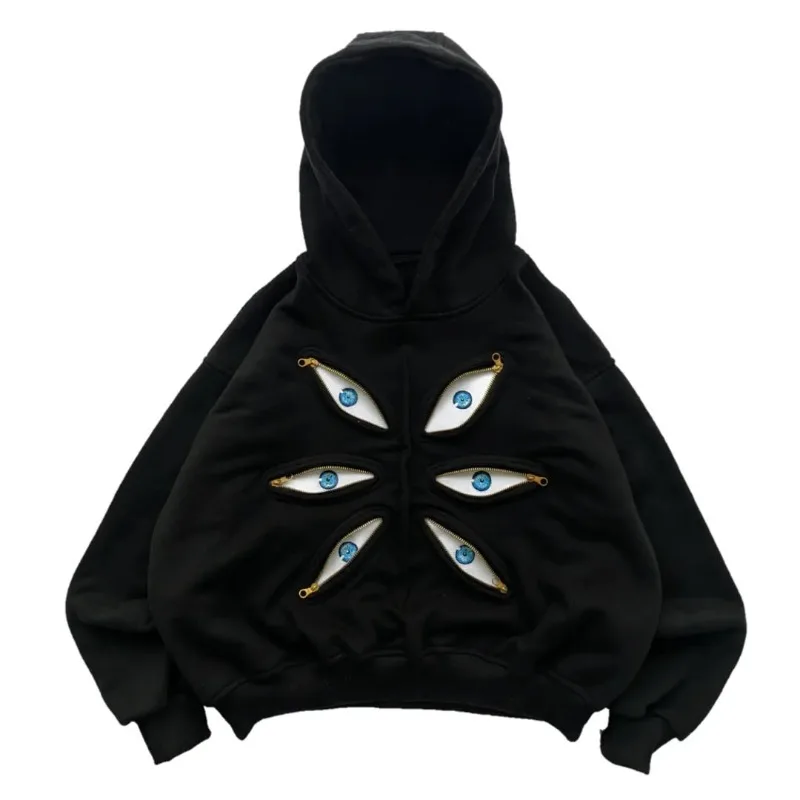 Y2k Hip Hop trend Harajuku Sweatshirt Fashion Loose casual pullover hoodie Men retro Demon Eyes zipper embroidery design hoodie