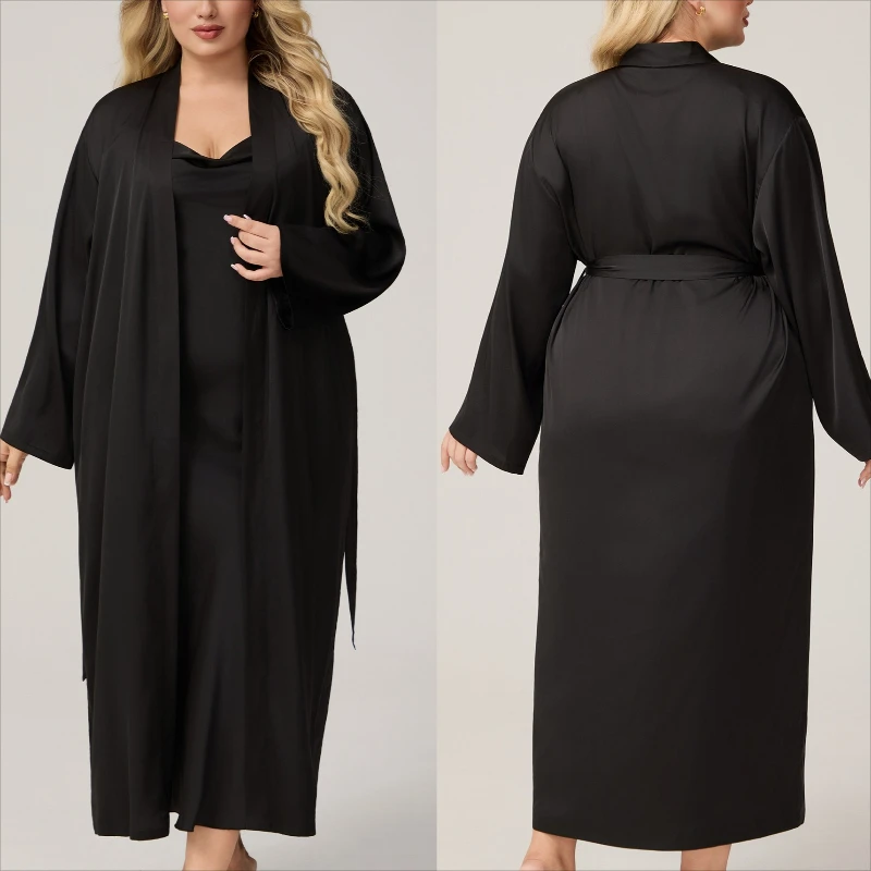 Krismile Pink Plus Size Robe Sets for Women 2025 Spring Autumn Luxury Satin Swing Collar Nightdress Long Sleeve Robe with Belt