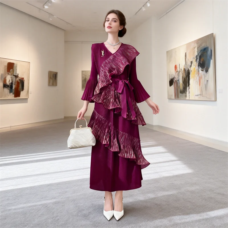 

Miyake Style Pleated Dress for Women 2026 Spring New V-neck Long-sleeved Lace Ruffled Bud Sleeves Large Hem Skirt Dress