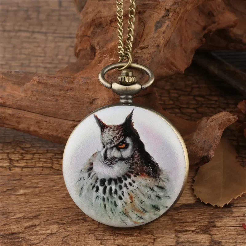 Classic Style Printed Owl Full Hunter Men Women Necklace Chain Quartz Pocket Watch Arabic Number Display Antique Gift To Kid